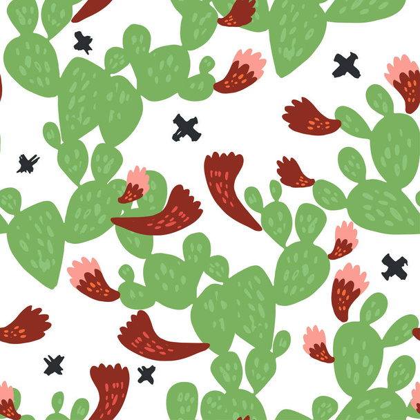 Minimal summer trendy vector tile seamless pattern in scandinavian style. Beaver tail cactus Opuntia Basilaris with flowers and abstract dots elements. Textile fabric wrapping graphic design for print - Vettoriali, immagini