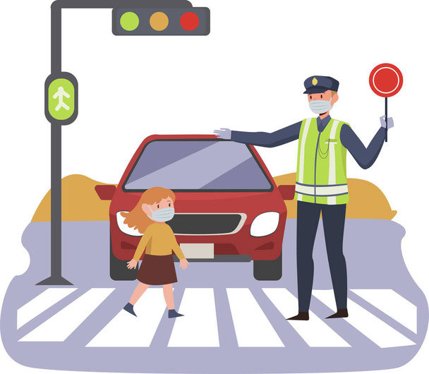 Liikennepoliisi auttaa nuorta tyttöä ylittämään tien. - Valokuva, kuva