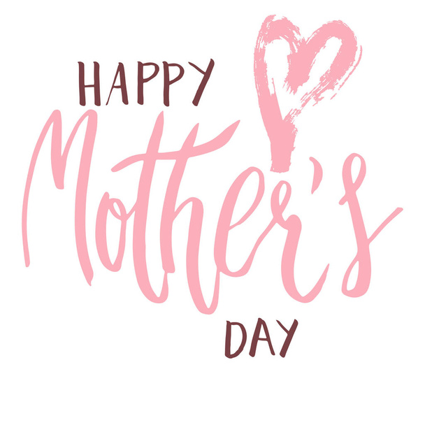 Handwritten vector lettering Happy Mother's day with simple dry brush heart ornament isolated on white. - Vector, afbeelding