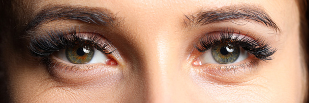 Pair of beautiful female green colored eyes with eyelashes extensions - Photo, Image