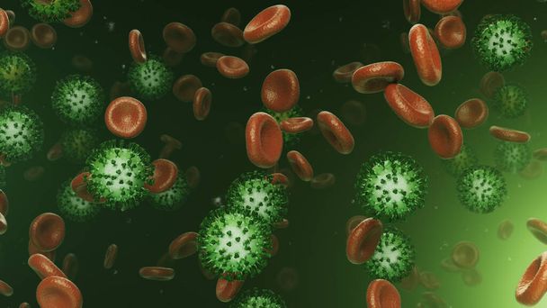 3Dレンダリングコロナウイルスと飛行血液細胞 - 写真・画像
