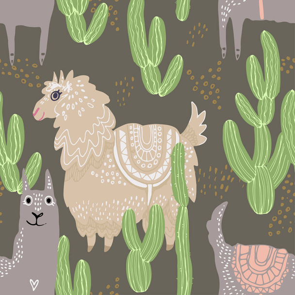 Beautiful hand drawn vector tile pattern of llama and cacti in scandinavian style isolated on white. Simple sweet kids nursery illustration. Graphic design for apparel print. - Vetor, Imagem