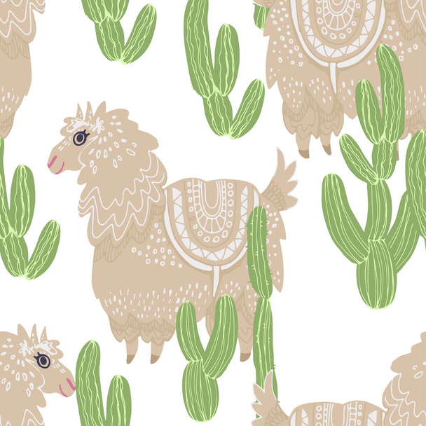 Beautiful hand drawn vector tile pattern of llama and cacti in scandinavian style isolated on white. Simple sweet kids nursery illustration. Graphic design for apparel print. - Vetor, Imagem
