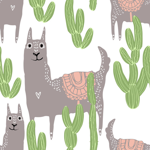 Beautiful hand drawn vector tile pattern of llama and cacti in scandinavian style. Simple sweet kids nursery illustration. Graphic design for apparel print. - Vetor, Imagem