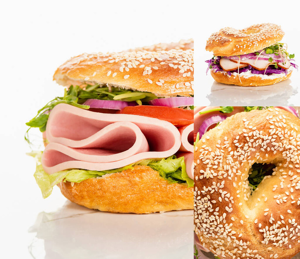 collage of fresh delicious bagel with sausage on white background - Foto, Imagen