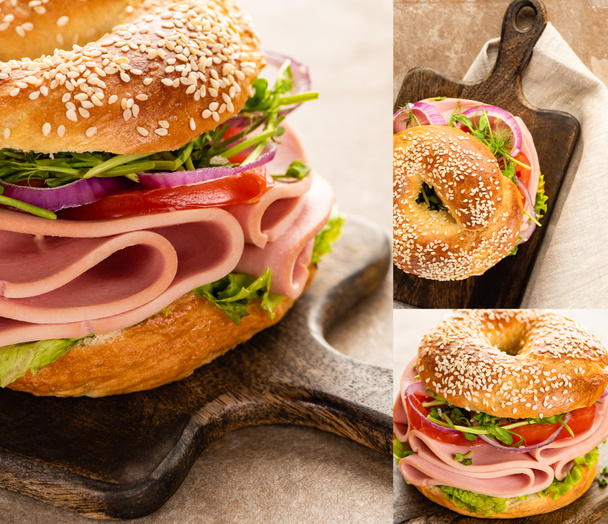 collage of fresh delicious bagel with sausage and vegetables on wooden cutting board - Foto, immagini