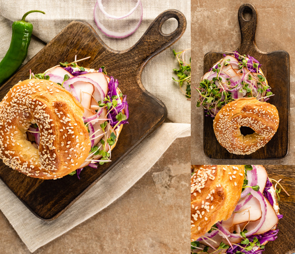 collage of fresh delicious bagel with meat, red onion, cream cheese and sprouts on wooden cutting board - Foto, Bild