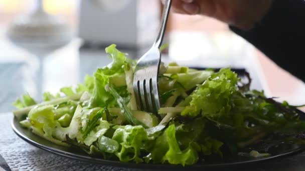 Fresh Green Salad Is on a Plate. A Hand with a Fork Pierces It - Imágenes, Vídeo