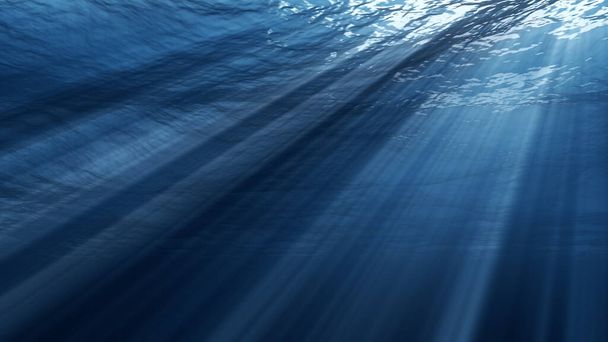 Vue sous-marine avec des vagues océaniques coulant dans l'eau bleue claire. Belle vue aquatique avec des rayons de soleil qui brillent et créent des rayons divins dans la mer profonde. Illustration 3D avec houle et raz de marée - Photo, image
