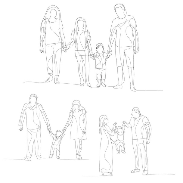 Vektor, auf weißem Hintergrund, Linienzeichnung Familie mit Kindern, Skizze - Vektor, Bild