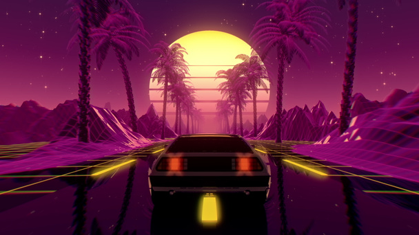 80s retro futurystyczny sci-fi 3D ilustracja z zabytkowego samochodu. Jazda w retrowave VJ krajobraz gry wideo, neony światła i niski poli siatki. Stylizowane tło cyberpunkowe. 4K - Zdjęcie, obraz