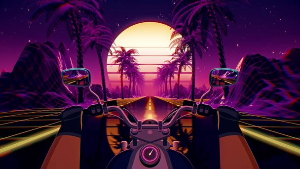 80 s retro futuristické sci-fi pozadí s motocykl pov. Jízda v retrowave VJ videoherní krajiny, neonová světla a nízké poly grid. Stylizované biker vintage vaporwave 3D animace pozadí. 4K - Fotografie, Obrázek