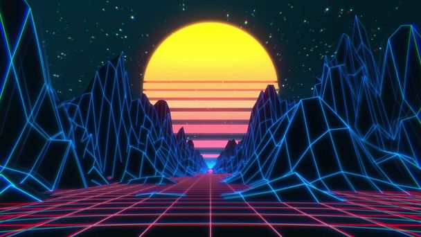 Fond de science-fiction futuriste rétro des années 80. Paysage de jeux vidéo VJ rétroonde avec néons et terrain bas en poly. Illustration 3D cyberpunk vintage stylisée avec montagnes, soleil et étoiles brillantes. 4K - Photo, image
