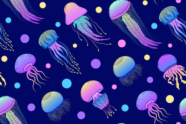 pattern with hand drawn jellyfishes - Vector, Image