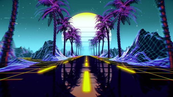 Anos 80 fundo sci-fi retro futurista. Retrowave VJ videogame paisagem com luzes de néon e baixa grade poli terreno. Estilizado vintage cyberpunk vaporwave 3D render com montanhas, sol e estrelas. 4K
 - Foto, Imagem