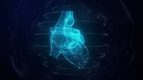 Anatomiquement correct coeur humain numérique bleu. Futuriste particule cardiaque tomodensitométrie numérisation 3D rendu. IRM avenir, traitement des maladies, soins de santé et concept médical en 4k - Photo, image
