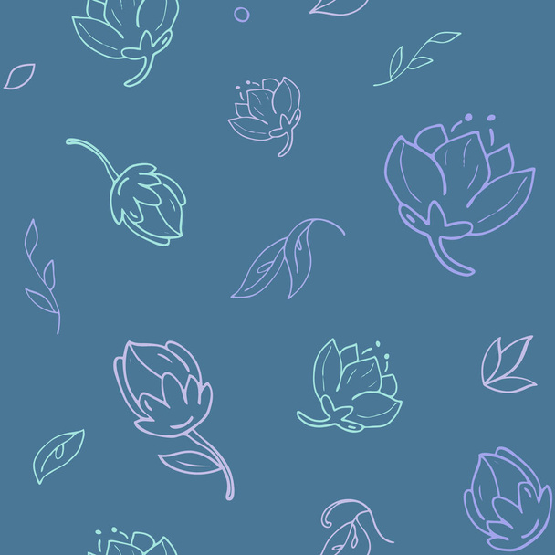 seamless pattern little night flowers and leaves - hand drawn vector illustration - Вектор,изображение
