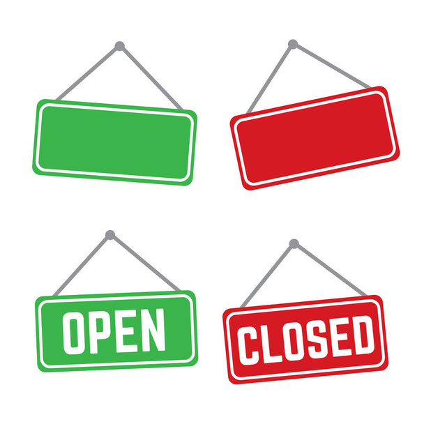 Otevřený a uzavřený obchod s vektory označují červeně a zeleně. Nápis obchodu dveře otevřené ilustrace - Vektor, obrázek