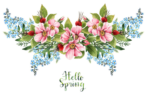 Myosotis. Rosehip flowers. Watercolor illustration, Hello Spring, card for you, handmade, berries, leaves, buds,  flowers - Photo, Image