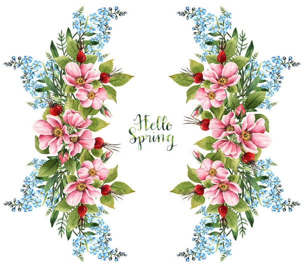 Myosotis. Rosehip flowers. Watercolor illustration, Hello Spring, berries, leaves, buds, flowers, card for you, handmade - Fotoğraf, Görsel