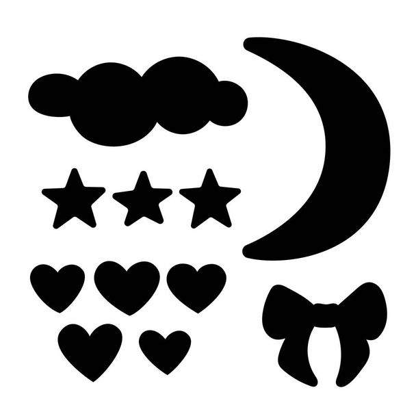A set of clouds, hearts, stars, bow and moon. Black silhouette isolated on white background. Collection for cute design. Vector illustration. Great for greeting cards, postcards, stickers, banners. EPS10. - Vetor, Imagem