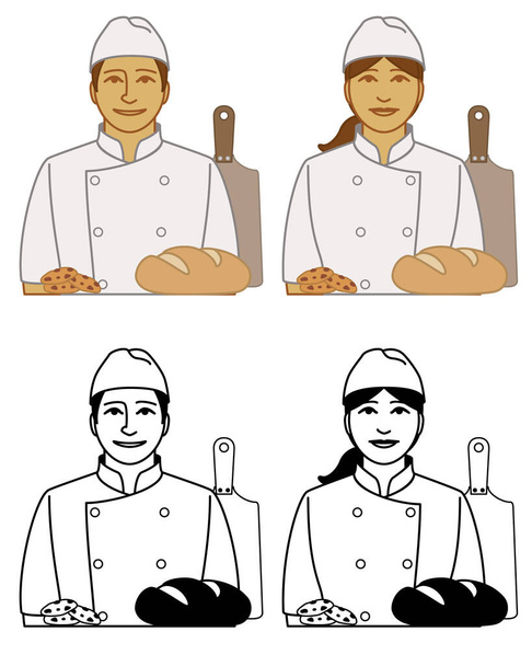 σύνολο εικονιδίων διάνυσμα αρτοποιός αρσενικό και θηλυκό, με ψωμί και μπισκότα απομονώνονται σε λευκό φόντο - Διάνυσμα, εικόνα
