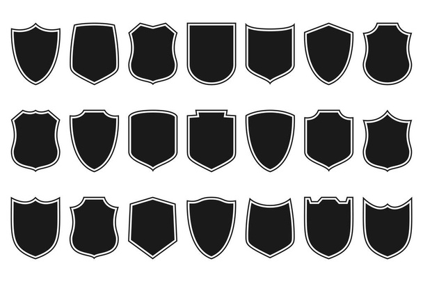 Shields set. Collection of security shield icons with contours. Design elements for concept of safety and protection. Vector illustration. - Vetor, Imagem
