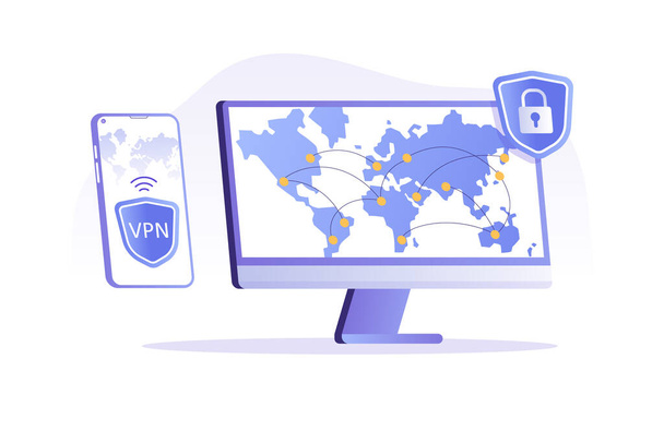 Koncepcja usługi VPN. Oprogramowanie zabezpieczające VPN dla komputerów i smartfonów. Wirtualna sieć prywatna. Bezpieczne połączenie sieciowe i ochrona prywatności. Izolacja współczesny wektor ilustracja na baner - Wektor, obraz