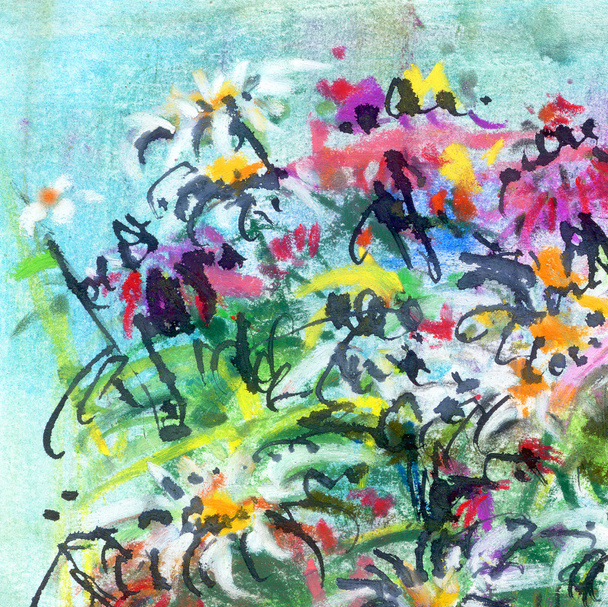 thema met bloemen, achtergrond, inkt en zachte pastels - Foto, afbeelding