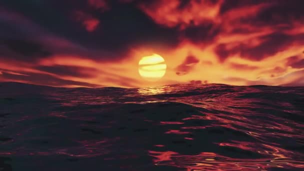 Czerwony piękny zachód słońca nad oceanem płynna pętla z czerwonym niebem i morze z falami - Materiał filmowy, wideo
