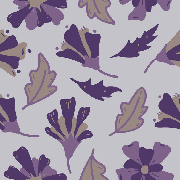 Fleurs abstraites texture botanique dessinée à la main pour le design. Motif vectoriel organique motif sans couture. Fleurs violettes sur fond lilas
. - Vecteur, image