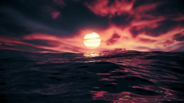 Rode prachtige zonsondergang over oceaan naadloze lus met rode lucht en zee met golven - Video