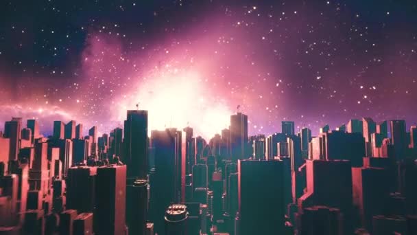 Retro futuristinen kaupunki flythrough saumaton silmukka. 80s scifi maisema avaruudessa - Materiaali, video