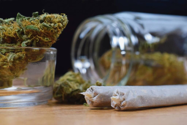 Marijuana bimbók, edény, pénz és ízületek az asztalon - Fotó, kép