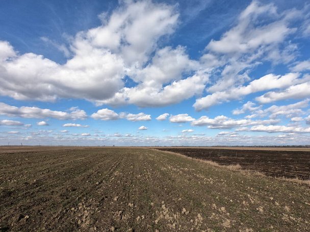 Cielo azul con nubes blancas sobre tierras de cultivo. Paisaje
. - Foto, imagen