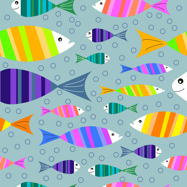 Muster mit bunten Fischen. Vektor-Illustration auf blauem Hintergrund. - Vektor, Bild
