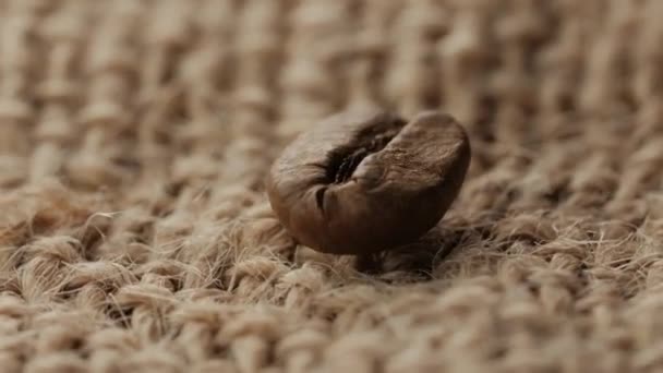 Eine Kaffeebohne dreht sich auf einem Sacktuch-Hintergrund - Filmmaterial, Video