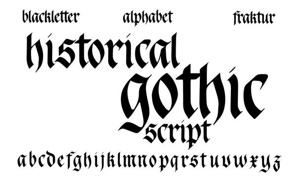 Gothic Alphabet. Historical handwritten blackletter script. Black German font isolated on white background - Vector, Image