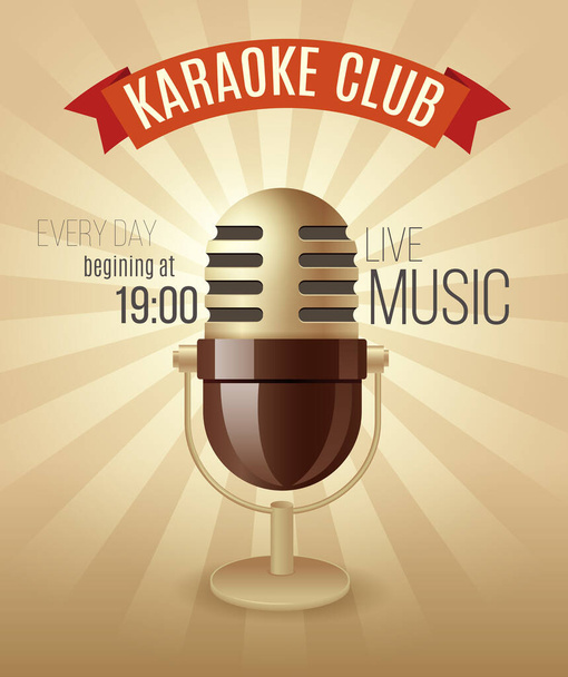 Karaoke party meghívó, zene klub plakát retro mikrofonnal. Vektorillusztráció. - Vektor, kép