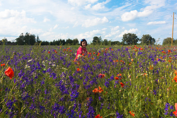 uma mulher em roupas vermelhas lê flores de milho azuis, papoilas vermelhas e margaridas em um prado de flores para uma grinalda de solstício de verão
 - Foto, Imagem
