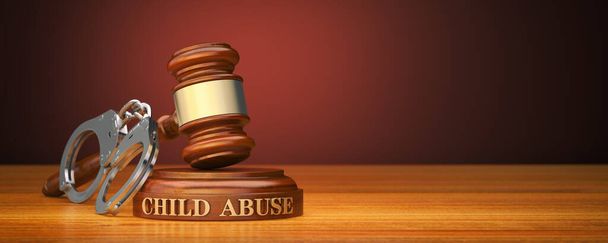 Verbrechen gegen den Kindesmissbrauch. Gavel und Wort Kindesmissbrauch auf Tonblock. - Foto, Bild