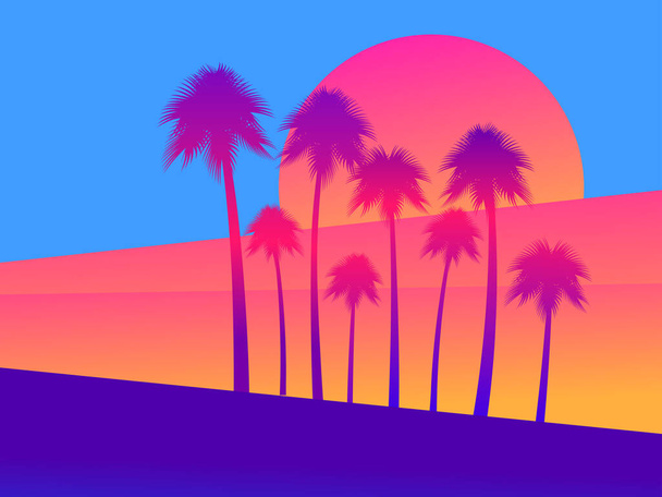 Palme tropicali su sfondo tramonto, sfumatura di giallo scarlatto. Illustrazione vettoriale
 - Vettoriali, immagini
