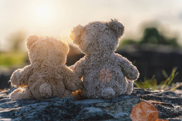 Twee teddybeer speelgoed zittend op een steen en hand in hand met zonsondergang licht, achteraanzicht. Liefdesthema. Wenskaart of cadeaukaart ontwerp idee. - Foto, afbeelding