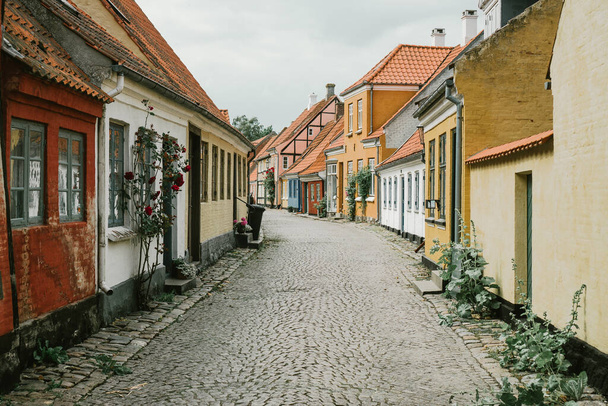 デンマークのAeroskobingにある島の主要都市のカラフルな石畳の通り。ロマンチックなおとぎ話、結婚式、観光地。旅行のコンセプト. - 写真・画像