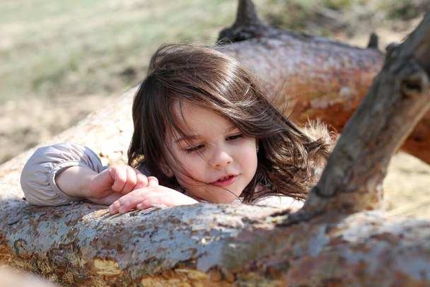 Preschooler girl with shiny long hair pulls hands over a tree trunk - Photo, Image