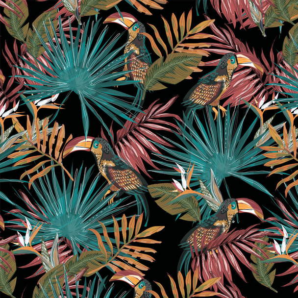Tropical bird toucan on the background exotic flower hibiscus and palm leaf. Print summer floral plant. Nature animals wallpaper. Seamless vector pattern - Photo, Image