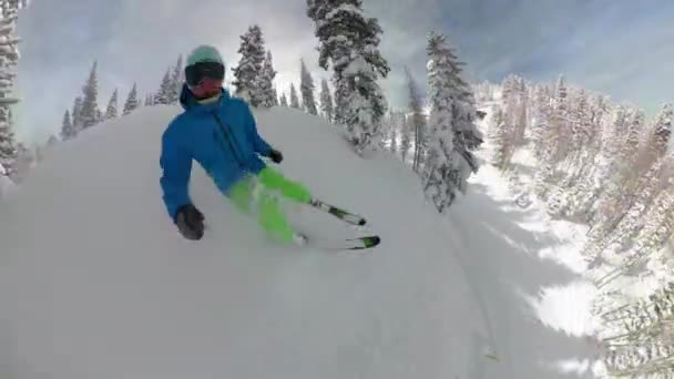 SELFIE: Esquiador principiante se estrella en la nieve en polvo profundo junto a la señal de advertencia amarilla. - Metraje, vídeo