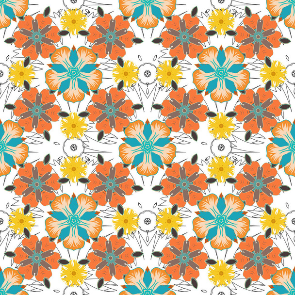 Vector seamless pattern with blue, orange and beige vintage ornaments. - Vector, imagen