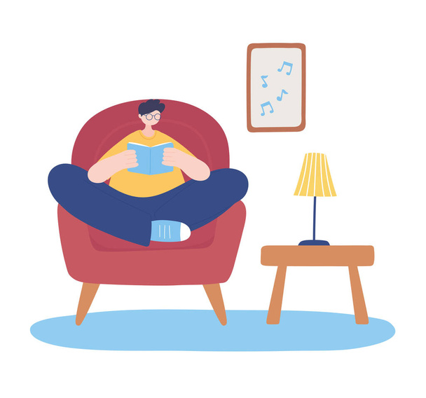 Μείνετε στο σπίτι, αγόρι στην καρέκλα βιβλίο ανάγνωσης, αυτο-απομόνωση, δραστηριότητες σε καραντίνα για coronavirus - Διάνυσμα, εικόνα
