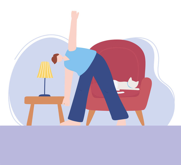 pobyt doma, muž cvičí jógu s kočkou na židli, vlastní izolace, aktivity v karanténě pro koronavirus - Vektor, obrázek